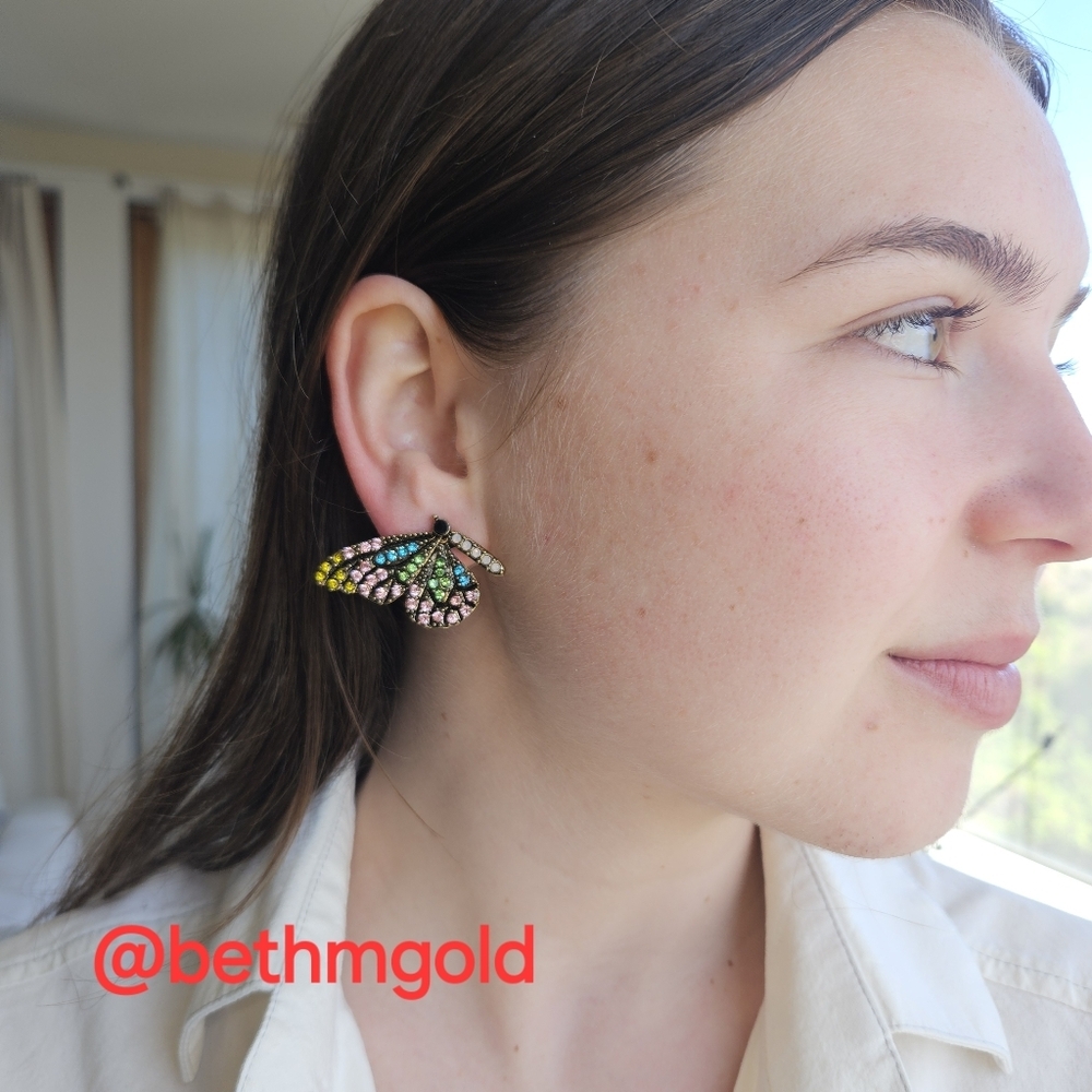 Butterfly Wings Rhinestone Stud Earrings Pastel Multi-color - Picture 14 of 17